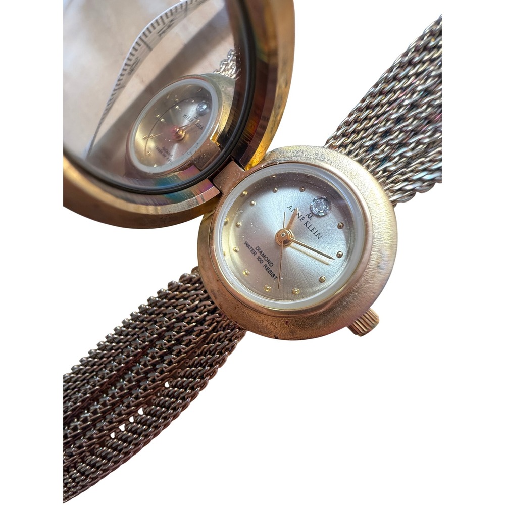 Anne Klein Gold Tone Diamond Secret Watch Textured Dome Multi Strand Chain Retro